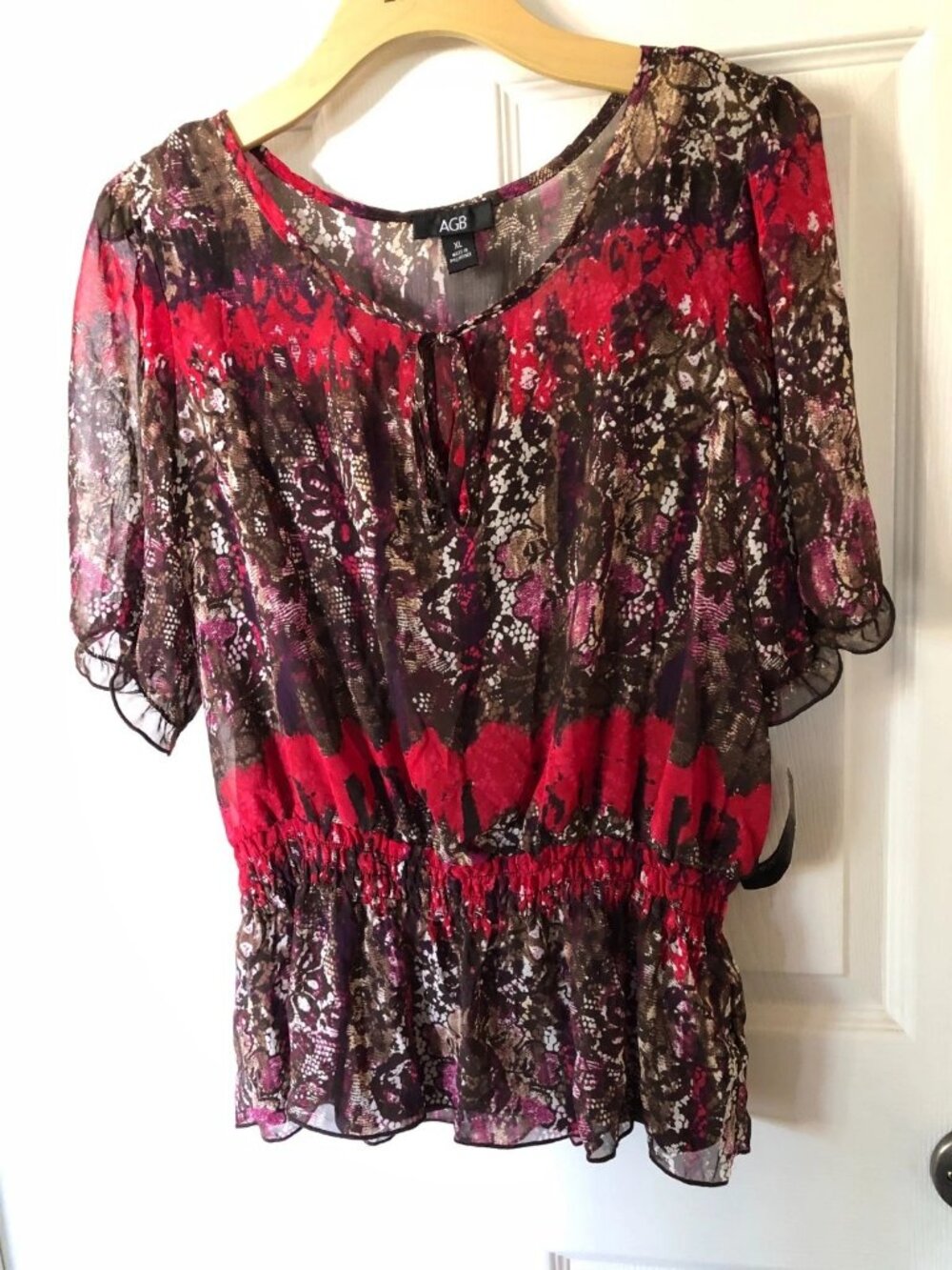 AGB XL Sheer Lace Tunic Red Black Snake Tie Neck Blouse Romantic Abstract Print